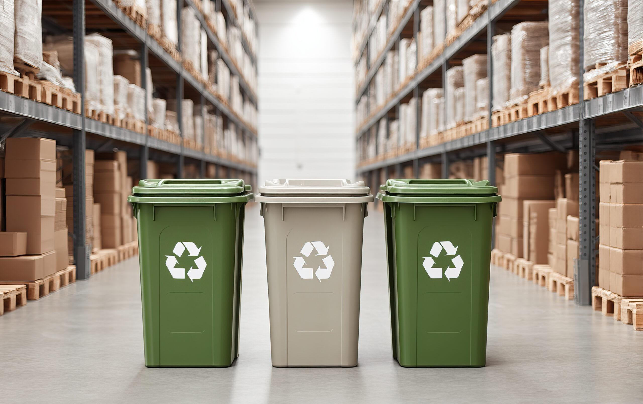 warehouse with sustainability waste bins