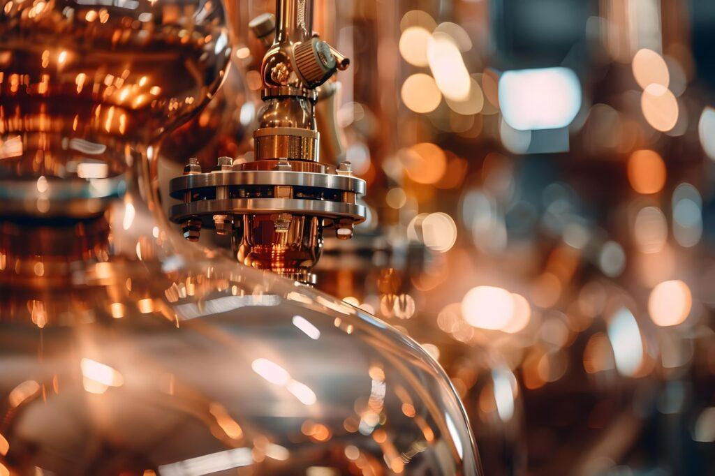 copper pipes in distillery room